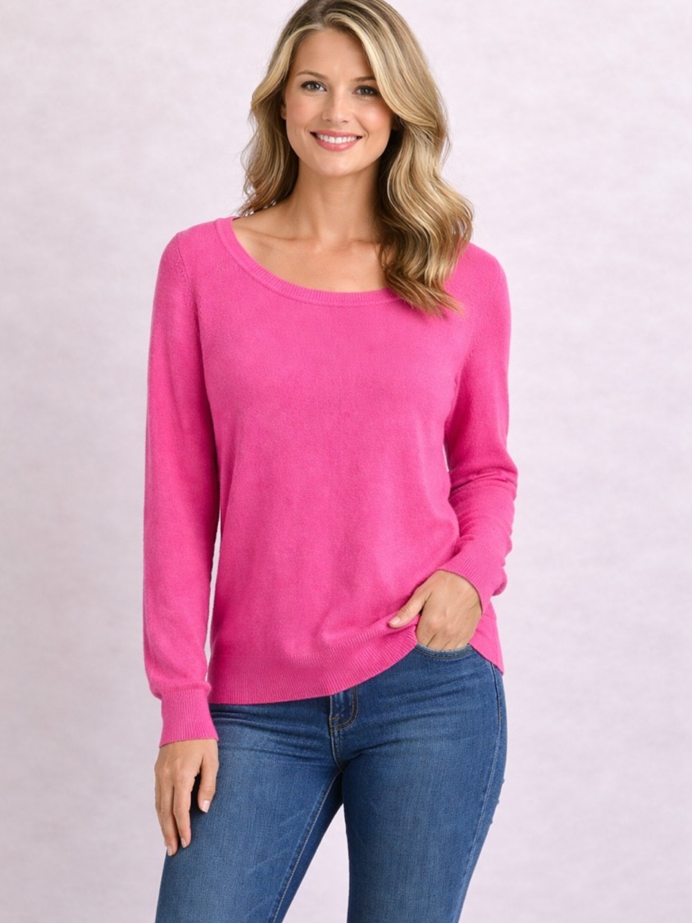 Nicole Miller Cashmere Sweater M Hot Pink Scoop Neck Lightweight Knit